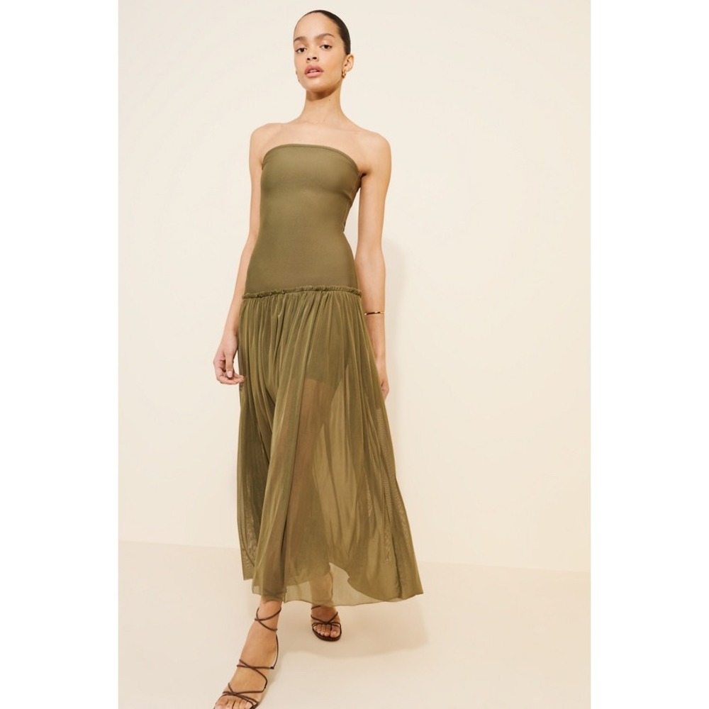 Rare London Limited Edition Strapless Bandage Mesh Maxi Dress Olive Green Small